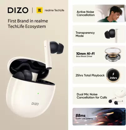 DIZO by realme TechLife GoPods with Active Noise Cancellation(ANC) Bluetooth Headset (Creme White, True Wireless) DIZO by realme TechLife GoPods with Active Noise Cancellation(ANC) Bluetooth Headset (Creme White, True Wireless)